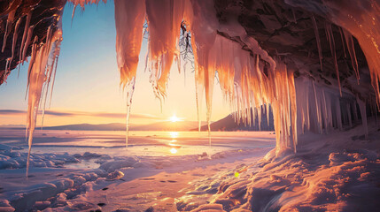 Ice cave with icicles on Baikal lake at sunset.