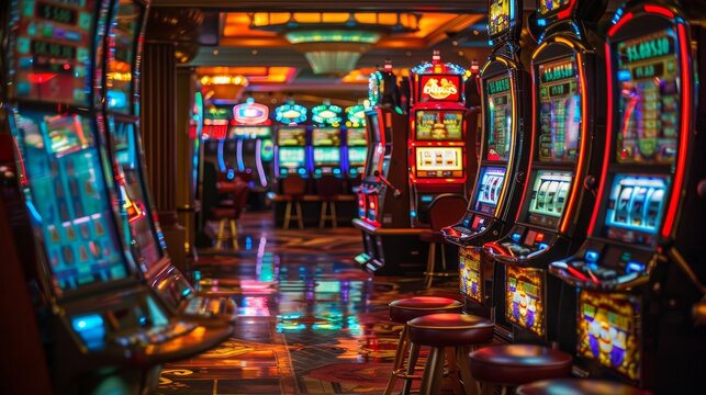 Slot Machine Backgrounds: A photo of a casino floor with slot machines in a variety of colors and designs