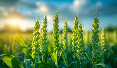 Naklejka premium Green wheat growing in field