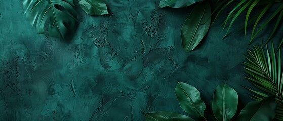 green cleantable with tropical botanical plant leaves. Top view - Minimalism background for products cosmetics, food or jewellery
