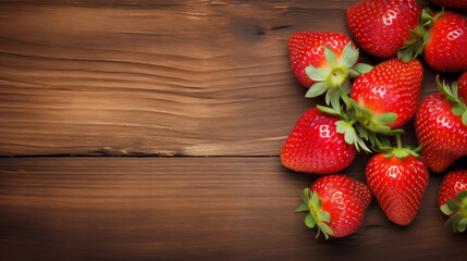 Bunch of strawberries lying on wooden surface on right side - Powered by Adobe
