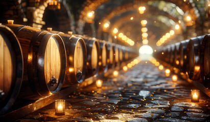 Obraz premium Wine barrels stacked in the old cellar of the winery with low angle view of the necks of the barrels and burning candles