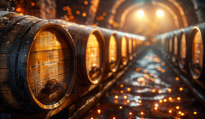 Obraz premium Wine barrels stacked in the old cellar of the winery