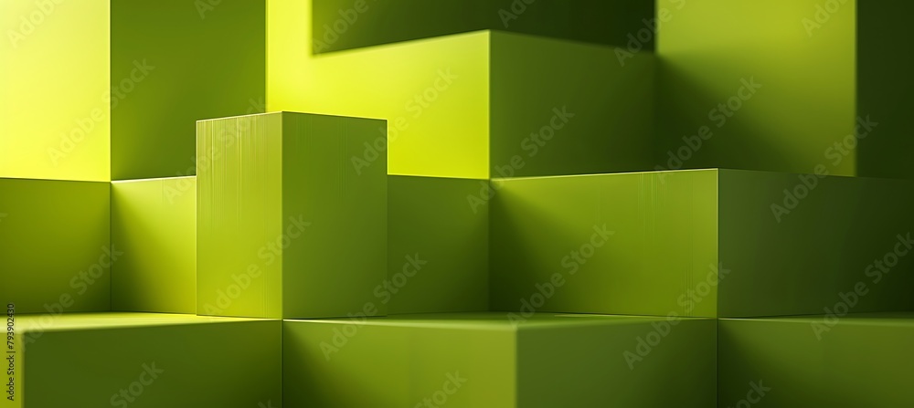 Poster vibrant green cubic patterns: mesmerizing abstract ultrawide banner background with intricate geomet