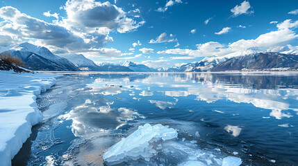 Ice on the shore of lake. Mountains and sky  - obrazy, fototapety, plakaty