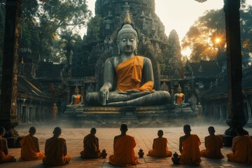 Vesak Day, monks in the temple worship the Buddha statue
