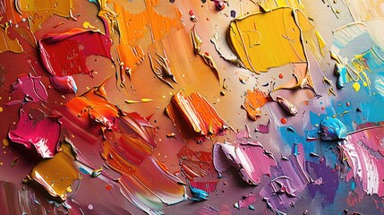 Lush, vibrant texture of oil paint on canvas, with abstract brushstrokes and spots of multicolored...