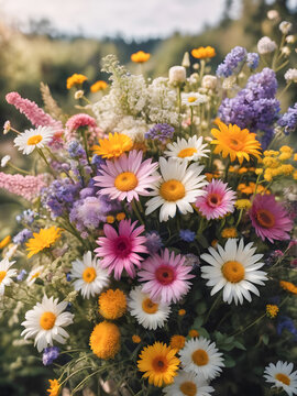 A colorful wildflowers bouquet. Summertime, midsummer, rural simple life concept. 