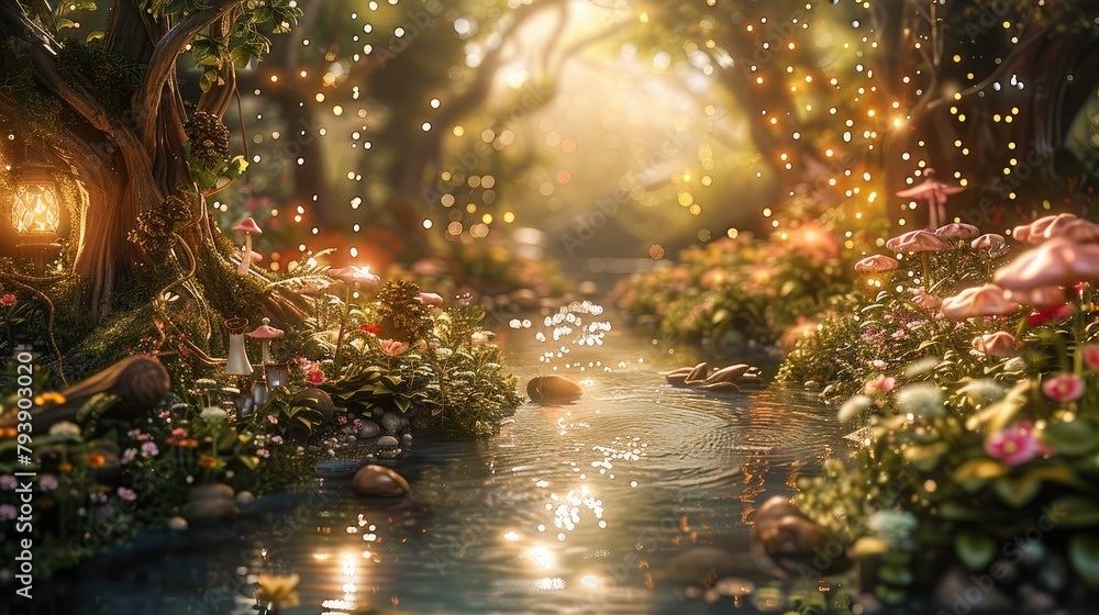 Poster A whimsical 3D enchanted forest with magical creatures and sparkling streams. Generative AI.