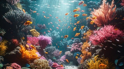 Journey to the heart of a bustling coral reef where octane render showcasing the diversity of marine life. Generative AI. © visoot