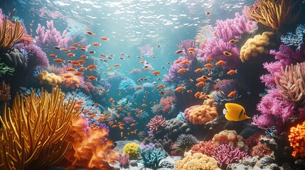 Journey to the heart of a bustling coral reef where octane render showcasing the diversity of marine life. Generative AI.