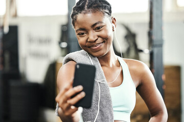 Gym, fitness or happy black woman in selfie on workout, exercise or training break for social...