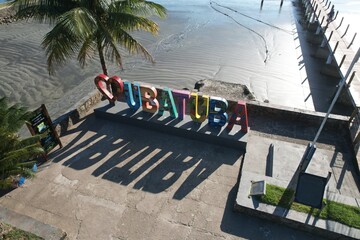 Welcome sign of Ubatuba, seen from drone