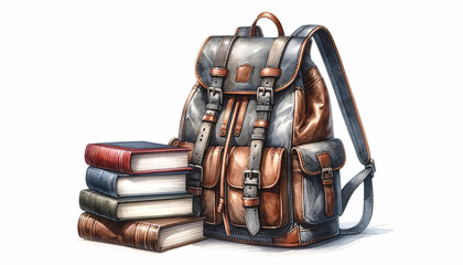 A watercolor painting of a stylish backpack leaning against a small stack of hardcover books - obrazy, fototapety, plakaty