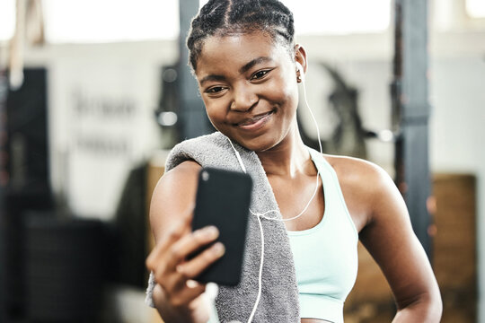 Gym, fitness or happy black woman in selfie on workout, exercise or training break for social media. Relax, sports or healthy African girl in photo for online profile picture with smile or wellness