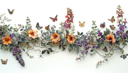 Botanical illustration wavy garland of bronze colored madame butterfly snapdragons weaved through...