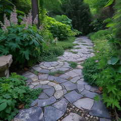 A patterned array of stone pavers in a garden