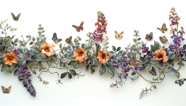 Botanical illustration wavy garland of bronze colored madame butterfly snapdragons weaved through grapevine with other victorian elements and butterflies on solid white backdrop. Generative AI.