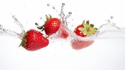 three strawberries floating on water on white background - Powered by Adobe
