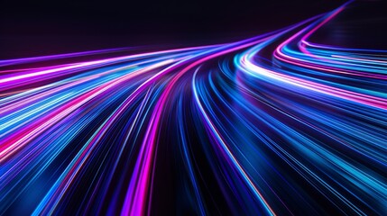 A dynamic image capturing the vibrant energy of horizontal light trails, creating a mesmerizing spectrum of blues and pinks against a dark backdrop.