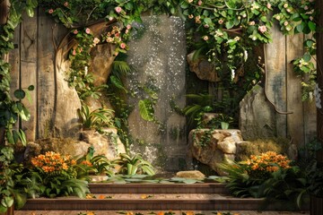 Beautiful tropical garden with waterfall, flowers and plants in the botanical garden
