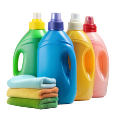 Colorful laundry detergent bottles with clean towels