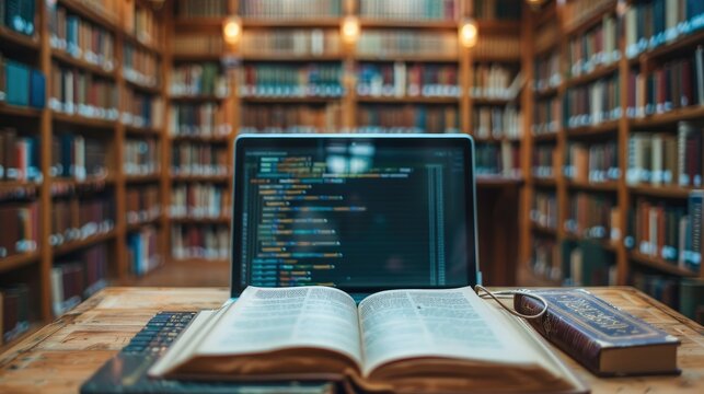 Book And Computer. E-learning online education or internet encyclopedia concept. Open laptop and book compilation in a classroom. e-learning, book, education. Generative AI.