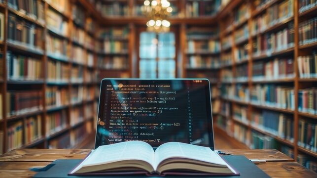 Book And Computer. E-learning online education or internet encyclopedia concept. Open laptop and book compilation in a classroom. e-learning, book, education. Generative AI.