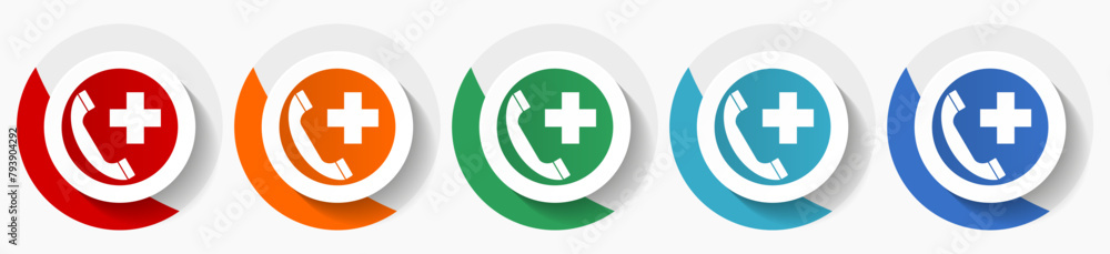 Poster Emergency call vector icon set, flat icons for logo design, webdesign and mobile applications, colorful round buttons