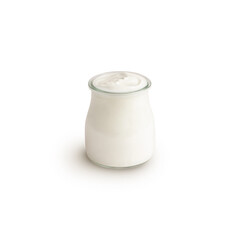 Fresh delicious natural organic yogurt in a glass jar isolated on a white background. Healthy breakfast or snack concept