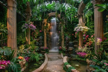 Beautiful tropical garden with waterfall, flowers and plants in the botanical garden