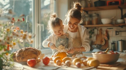 Mother and children cooking a festive breakfast together in a bright kitchen with a sunny window, laughing and enjoying the process. Family bond and Mothers Day. AI Generated - obrazy, fototapety, plakaty