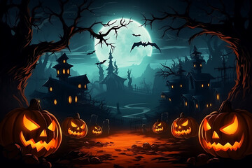 Mystical Halloween background with glowing jack-o'-lanterns, a haunted castle, and bats under a full moon.Generative AI