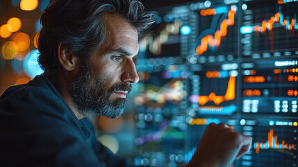 Financial stock market, global trading or investment, Businessman trading online stock market on tablet screen. Generative AI.