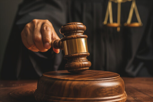 close-up photograph highlighting the significance of a judge's gavel in legal proceedings, with the focus on the hand of the judge as they wield the gavel in the courtroom, against