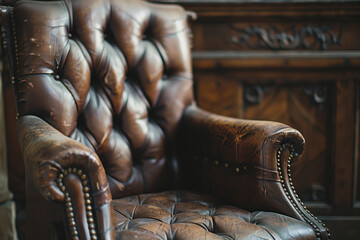 evocative close-up of a vintage courtroom chair, embodying the historical significance and solemn atmosphere of legal proceedings in the old-fashioned concept, against a neutral ba