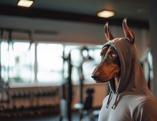 Doberman dog in the gym