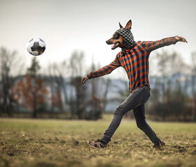dog breed Doberman plays football