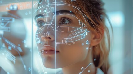 A young woman looking into a large modern room, displaying real-time biofeedback data superimposed over her reflection. Show graphical overlays on the mirror such as heart rate. Generative AI.