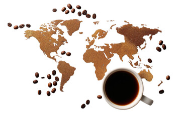 A cup of coffee and a world map on a transparent background