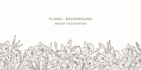 Seamless border daffodil flower line art background. Floral narcissus plant leaf frame design card. Summer vintage bouquet luxury pattern. Vector illustration nature spring wedging card