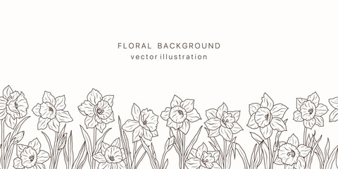 Daffodil flower line art seamless border background. Floral narcissus plant leaf frame design card. Summer vintage bouquet luxury pattern. Vector illustration nature spring wedging card