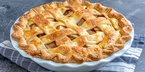 Classic apple pie with lattice crust, Traditional and comforting on dark concrete background.