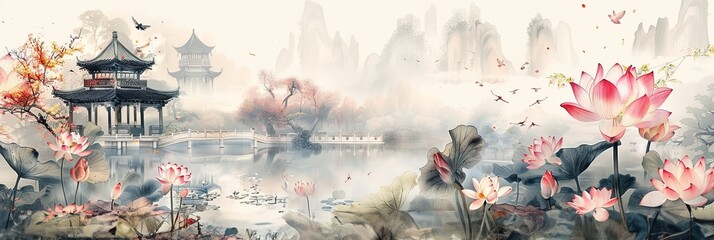 Chinese pavilion near a lake with lotus blooming, classical Chinese painting, illustration banner