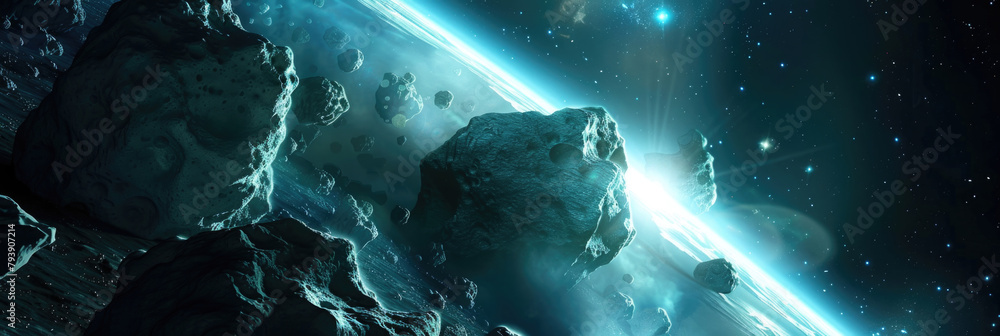 Poster a detailed depiction of a futuristic space station floating in the vastness of outer space, surround