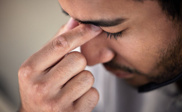 Man, nose and sinus pain with closeup for health, inflammation and sinusitis by allergy. Male person, nasal bone and headache with rhinitis for facial wellness, congestion and sick in discomfort