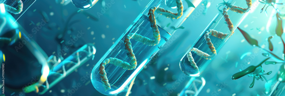 Poster a close-up view of dna double helix structures within a test tube, against a backdrop of scientific 