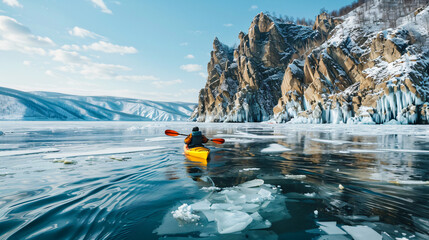 Kayak sailing between ice floes on the lake. 