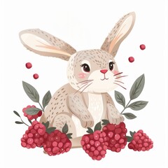 Illustration of a cute bunny among flowers and raspberries on a white background, children's illustration for a book