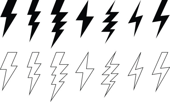 set of black lightning bolt and stroke outline bolt, electric thunderbolt, lightning strike, dangerous symbol element vector illustration.
